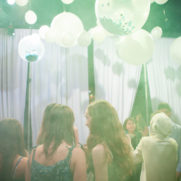 Mitzvah confetti balloons ceiling installation